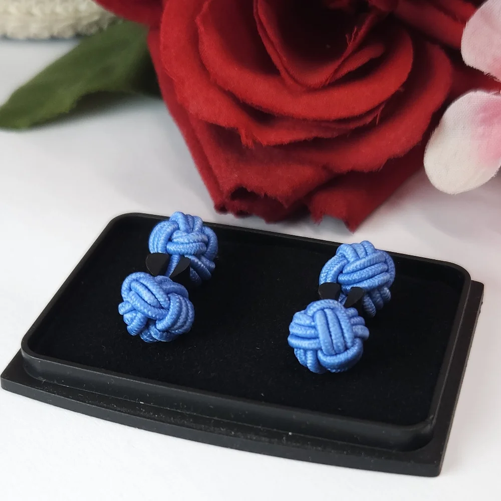 Vintage Baby Blue Silk Knit Cuff Links in Original Box